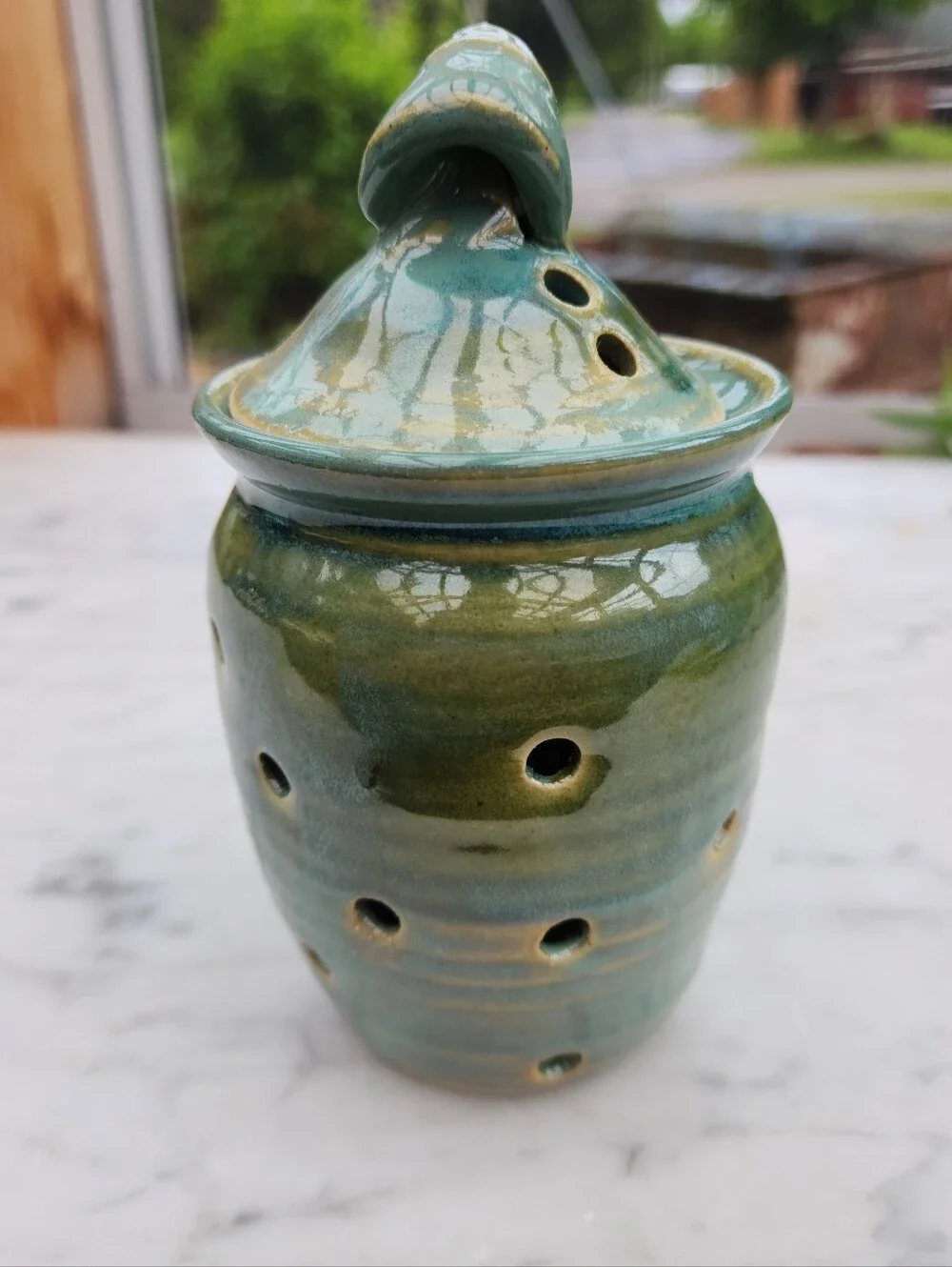 Holman Pottery Garlic Keeper Jar in Sea Pearl Green Ventilation Holes 6